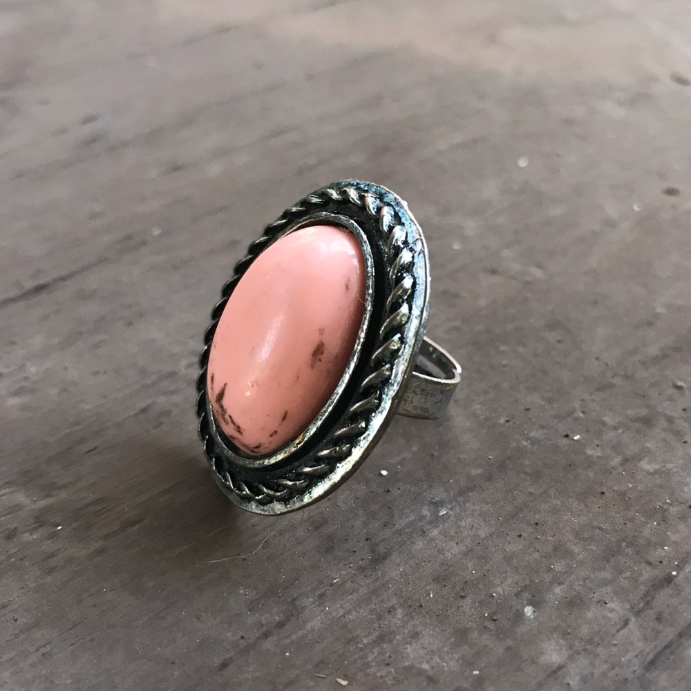 Vintage pink Oval stone adjustable silver ring